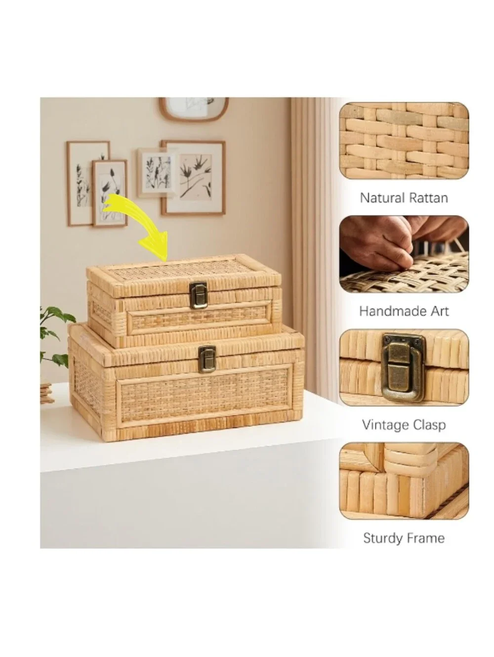 NWT Natural Handmade Basket Weave Rattan Box With Lid In Natural Size Small